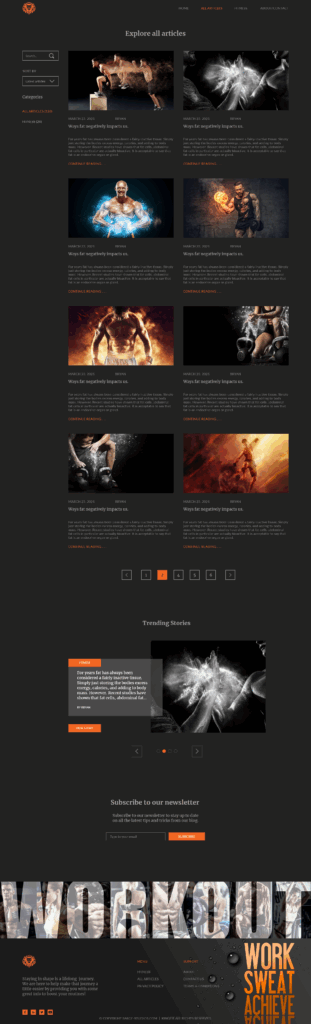All posts blog page design for a fitness website, displaying a grid of articles with muscular athletes and motivational visuals on a dark background