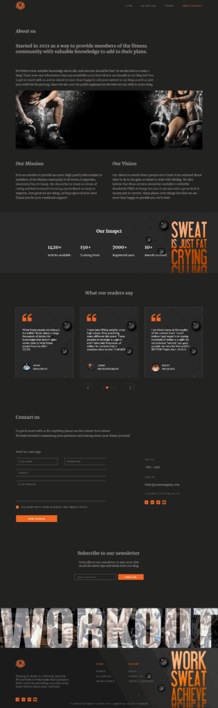 About and contact page design for a fitness website featuring mission statement, user testimonials, a contact form, and motivational branding