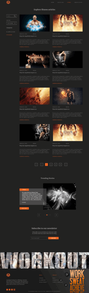 Fitness page design featuring a grid of workout-themed posts, dark theme layout, and muscular athletes