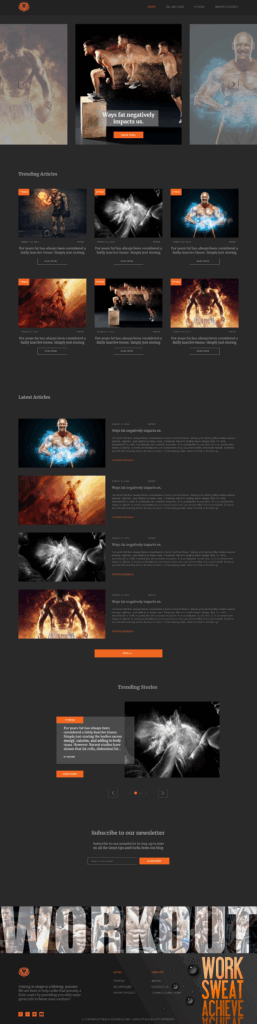 Homepage design of a fitness blog featuring dark theme layout, slider with muscular athletes, and trending articles section