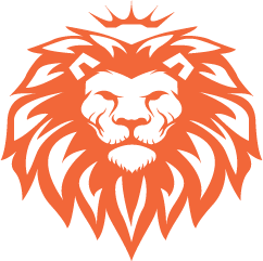 Bold orange lion head logo representing strength and jungle branding identity