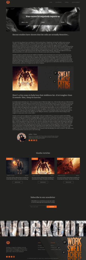 Single blog post layout for a fitness website featuring a dark theme, detailed article on fat loss, author bio, and similar articles section