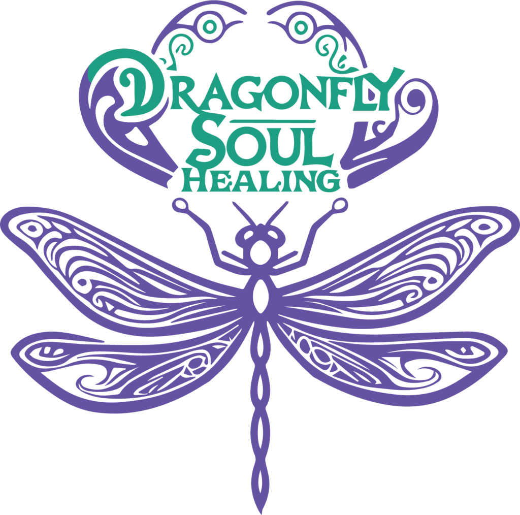 Logo of Dragonfly Soul Healing featuring a purple ornate dragonfly with detailed wings and green and purple text above.