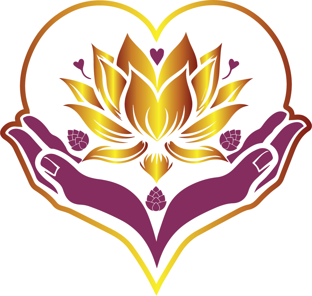 Golden lotus flower cradled by magenta healing hands inside a heart-shaped outline, symbolizing wellness and spiritual care.