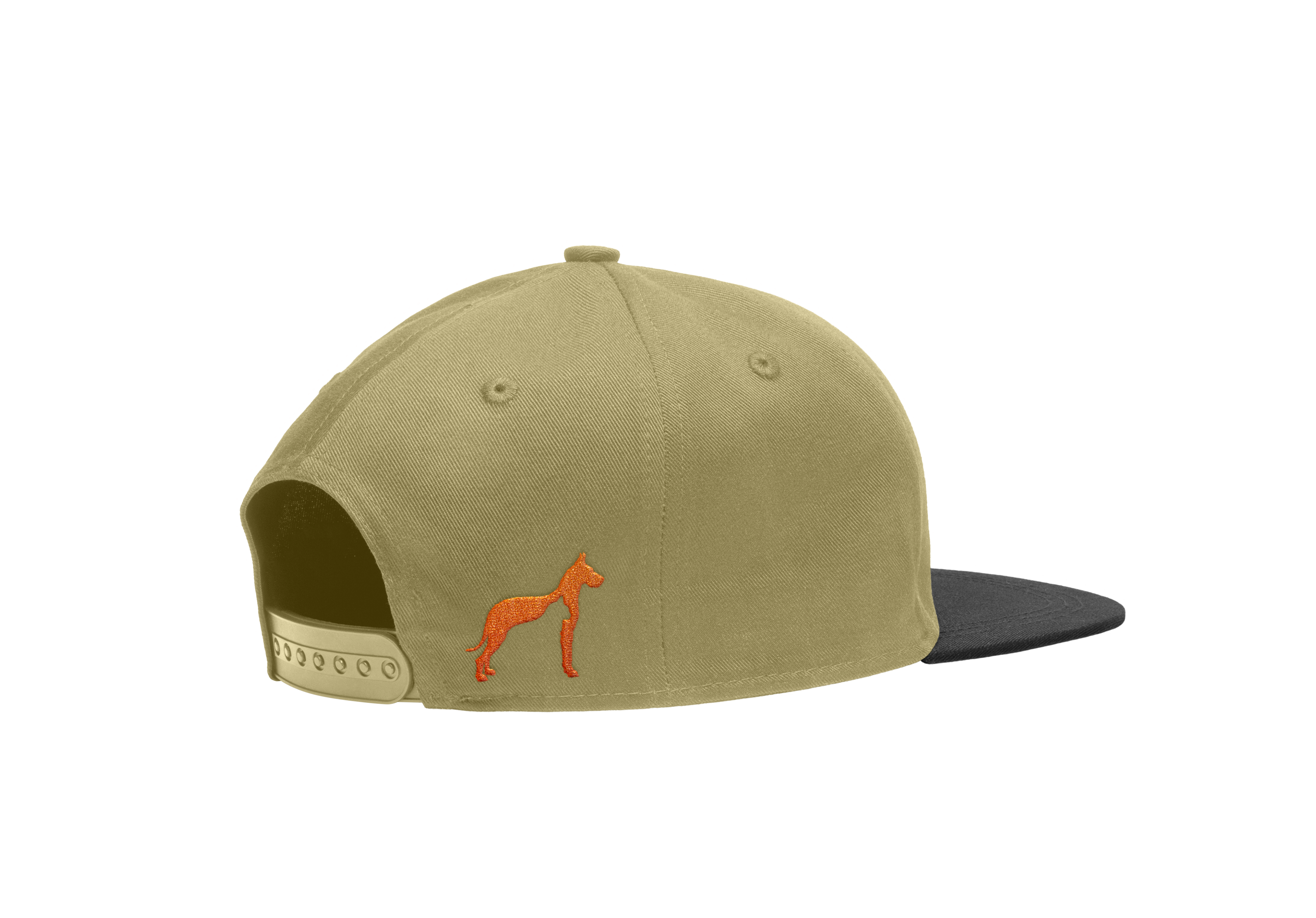 Back view of a khaki and black snapback hat with a small orange dog silhouette embroidered on the side, part of the Okanagan Humane Society branding.