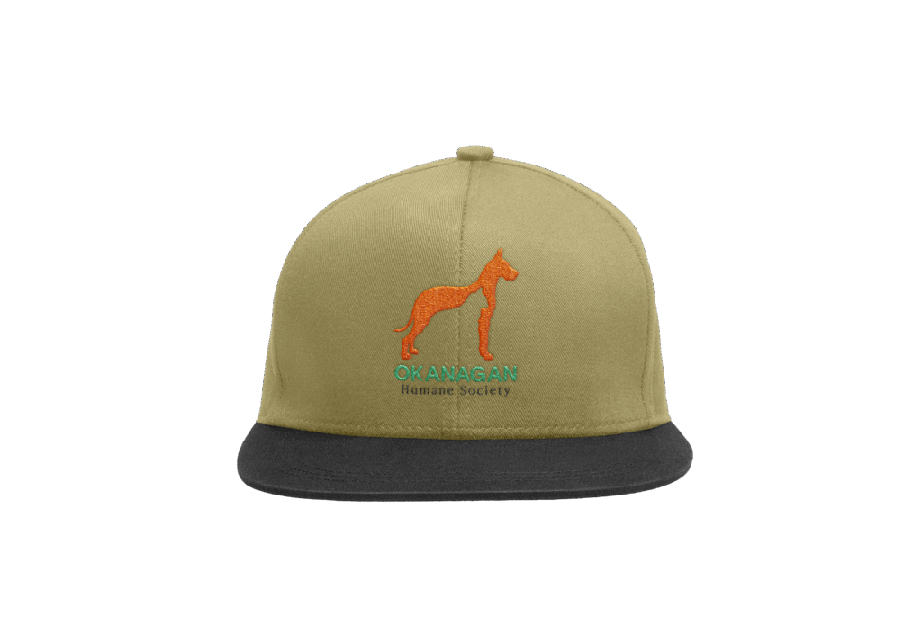 Khaki and black snapback hat featuring the embroidered Okanagan Humane Society logo with an orange dog silhouette.