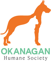Logo of the Okanagan Humane Society with an orange dog silhouette and green and gray text below.