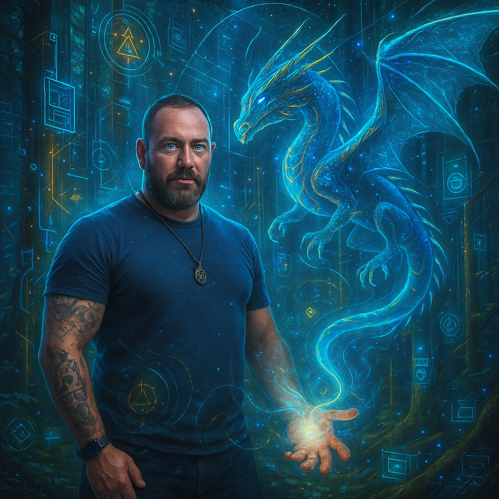 Bryan Sarge stands in a glowing forest, summoning a blue dragon composed of digital energy, symbolizing the fusion of creativity, magic, and technology.
