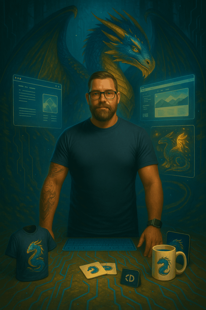 Bryan Sarge stands in a high-tech forest studio with a majestic blue and gold dragon behind him, surrounded by holographic displays and custom-branded merchandise, representing the creative services of Sarge Studios.