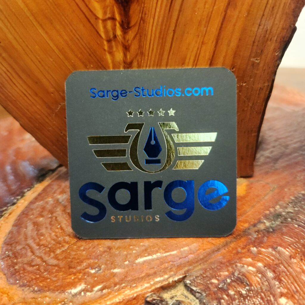 Premium Sarge Studios business card featuring foil embossed design with velvet touch and credit card thicknes