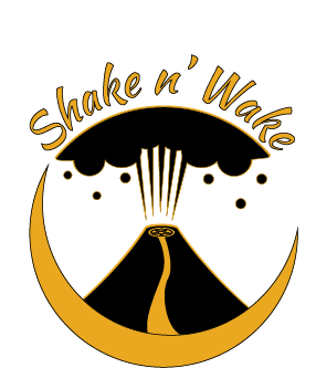 Shake n’ Wake logo featuring an erupting volcano, sacred spiral, and golden crescent moon