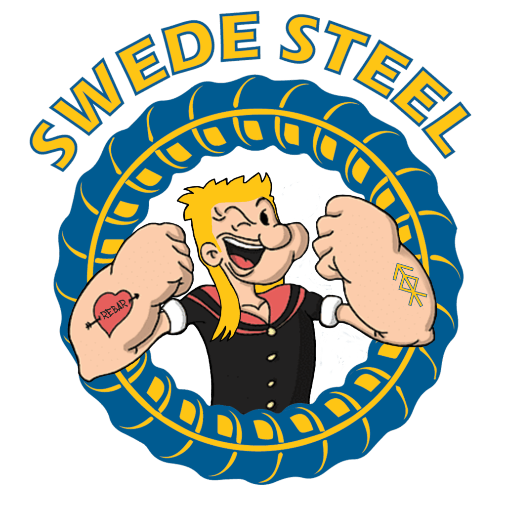 Swede Steel parody logo featuring a cartoon muscleman with blonde mullet and tattoos, flexing inside industrial rebar circle