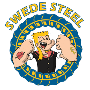 Swede Steel parody logo featuring a cartoon muscleman with blonde mullet and tattoos, flexing inside industrial rebar circle