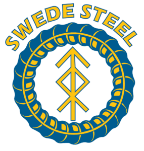 Swede Steel company logo featuring bold Norse-inspired geometric symbol and blue-yellow rebar border