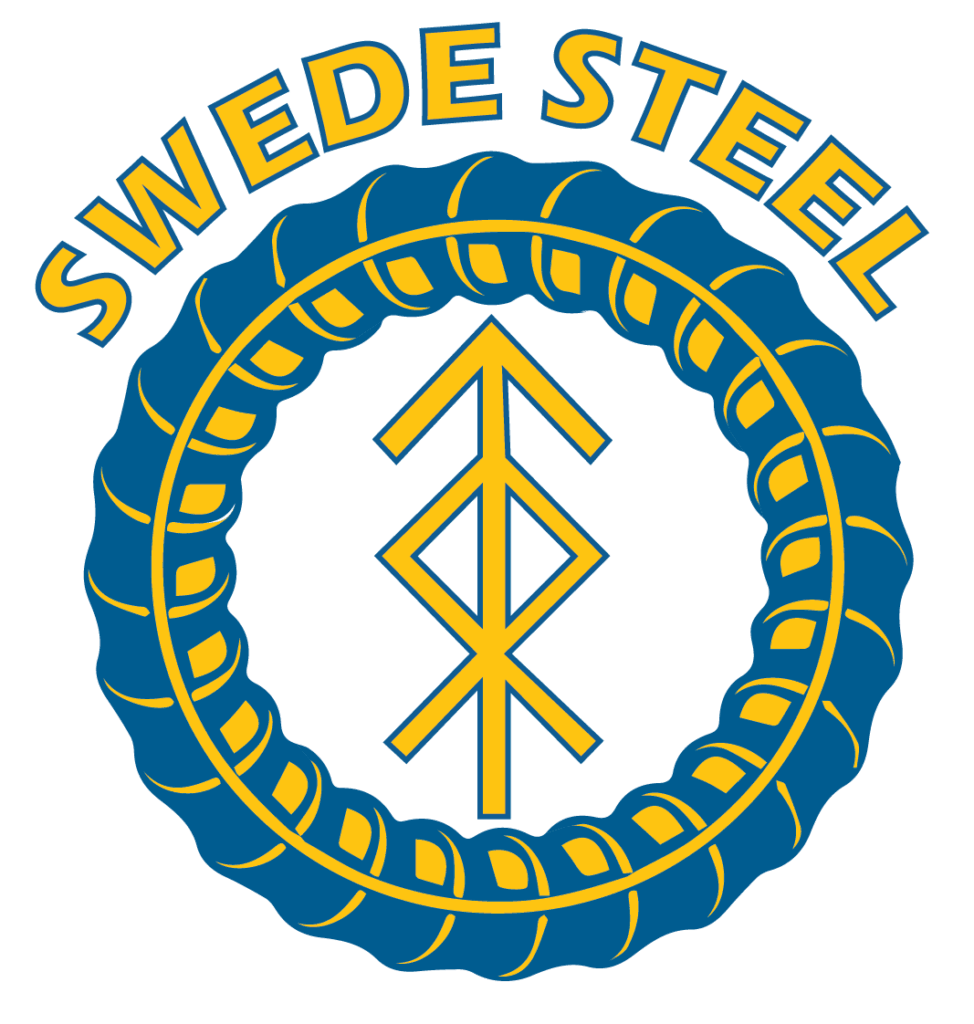 Swede Steel company logo featuring bold Norse-inspired geometric symbol and blue-yellow rebar border