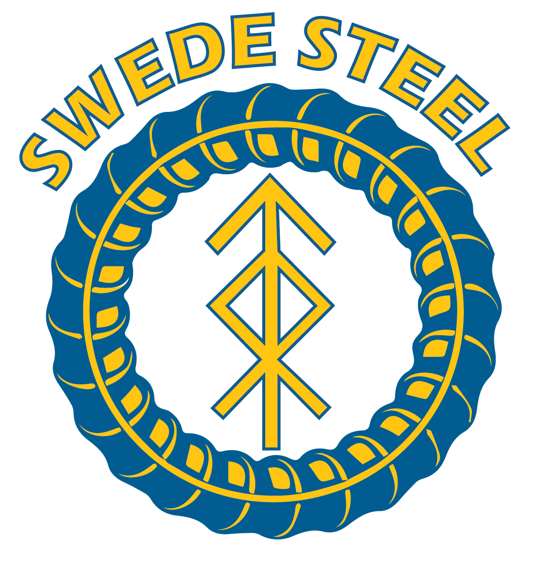 Swede Steel company logo featuring bold Norse-inspired geometric symbol and blue-yellow rebar border