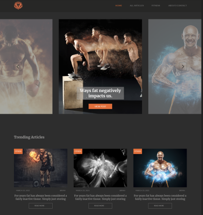 fitness-blog-homepage-motivational-design Homepage of a fitness blog featuring muscular men, motivational headlines, and trending workout articles