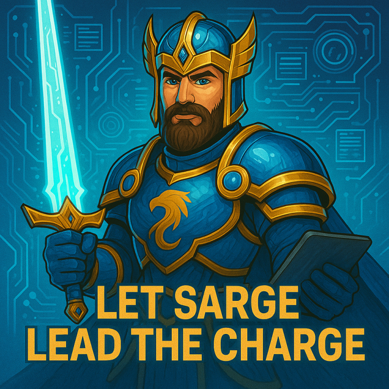 sarge-studios-tech-hero-banner Illustration of a heroic digital warrior in blue and gold armor holding a glowing sword and a tablet, with the text 'Let Sarge Lead the Charge' — homepage banner for Sarge Studios.