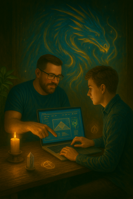 website-mastery-training-dragon-guided-web-design Instructor teaching website design to a student on a laptop, with glowing dragon art and candlelight in a mystical creative workspace